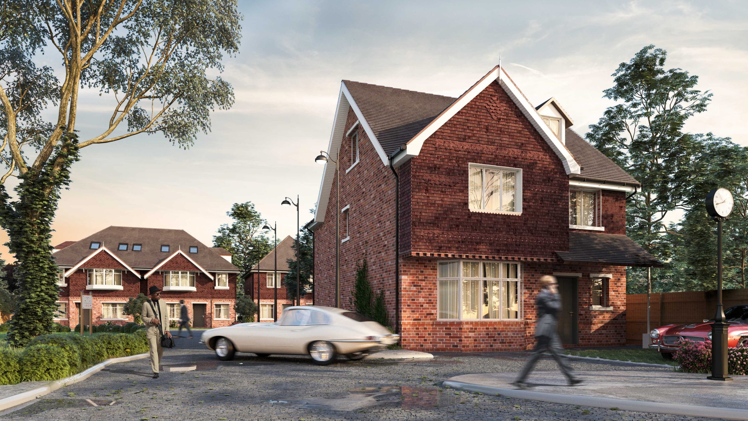 Architectural exterior 3D rendering realized in 3ds max corona render, of Nascot Homes, a house complex with red brick stones in Windsor, England by c2atelier