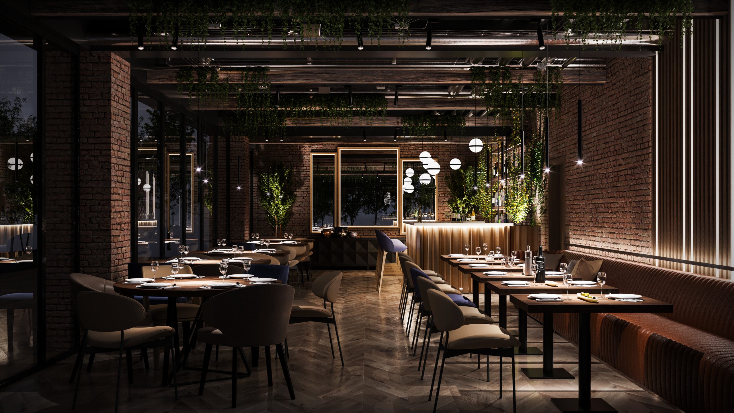 Night View 3D Rendering of Modern Restaurant Interior in Munich, German