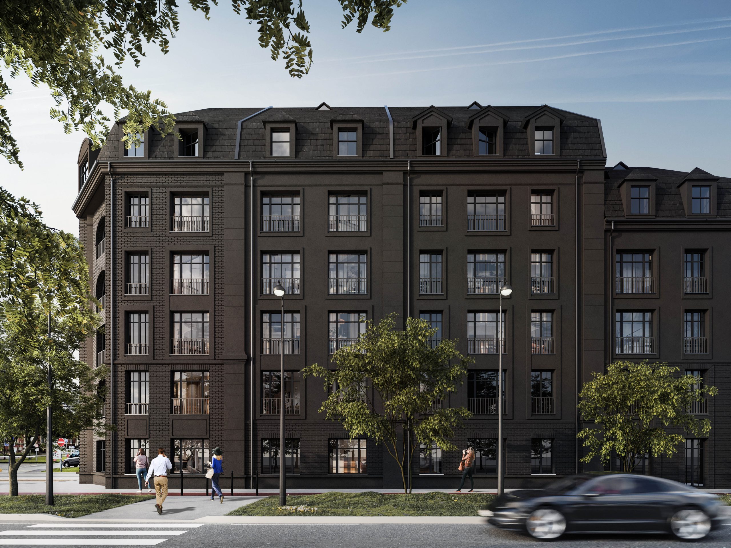 Randare 3d realista de exterior a unei cladiri cu caramida neagra randare pe timp de zi cgi render