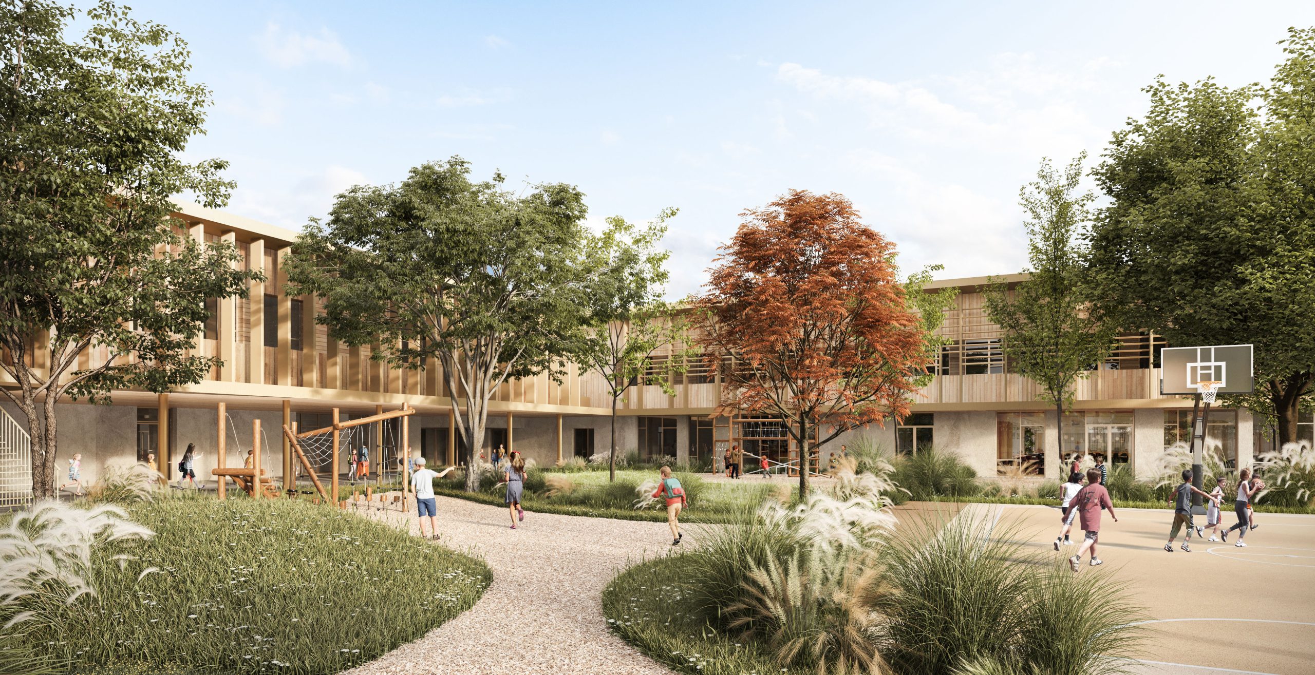 Realistic 3d render and exterior visualization of a school on day light rendering services in denmark copenhagen