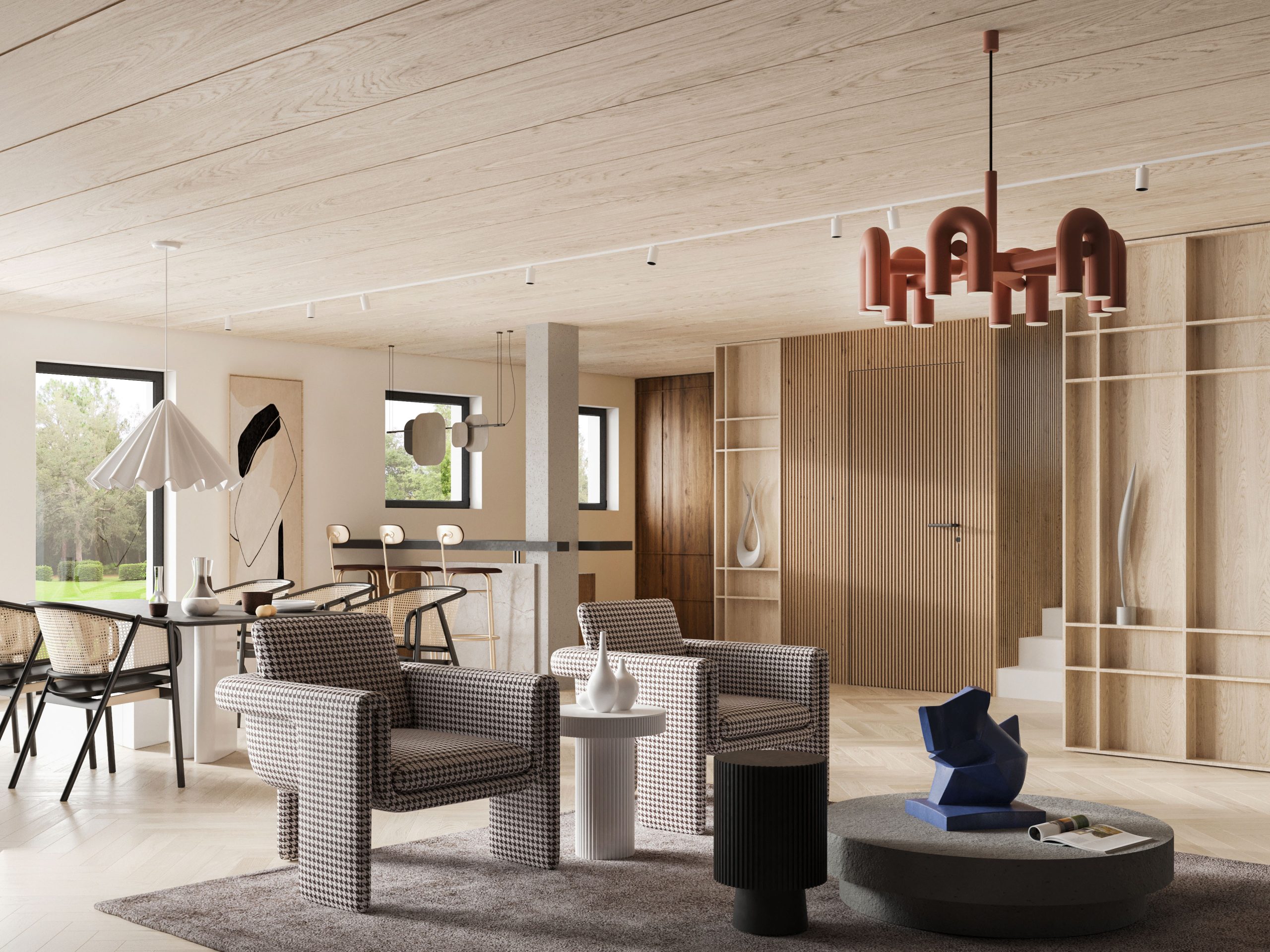 Living Room 3d rendering in modern japandi and boho interior design in Stockholm Sweden with natural wood touch