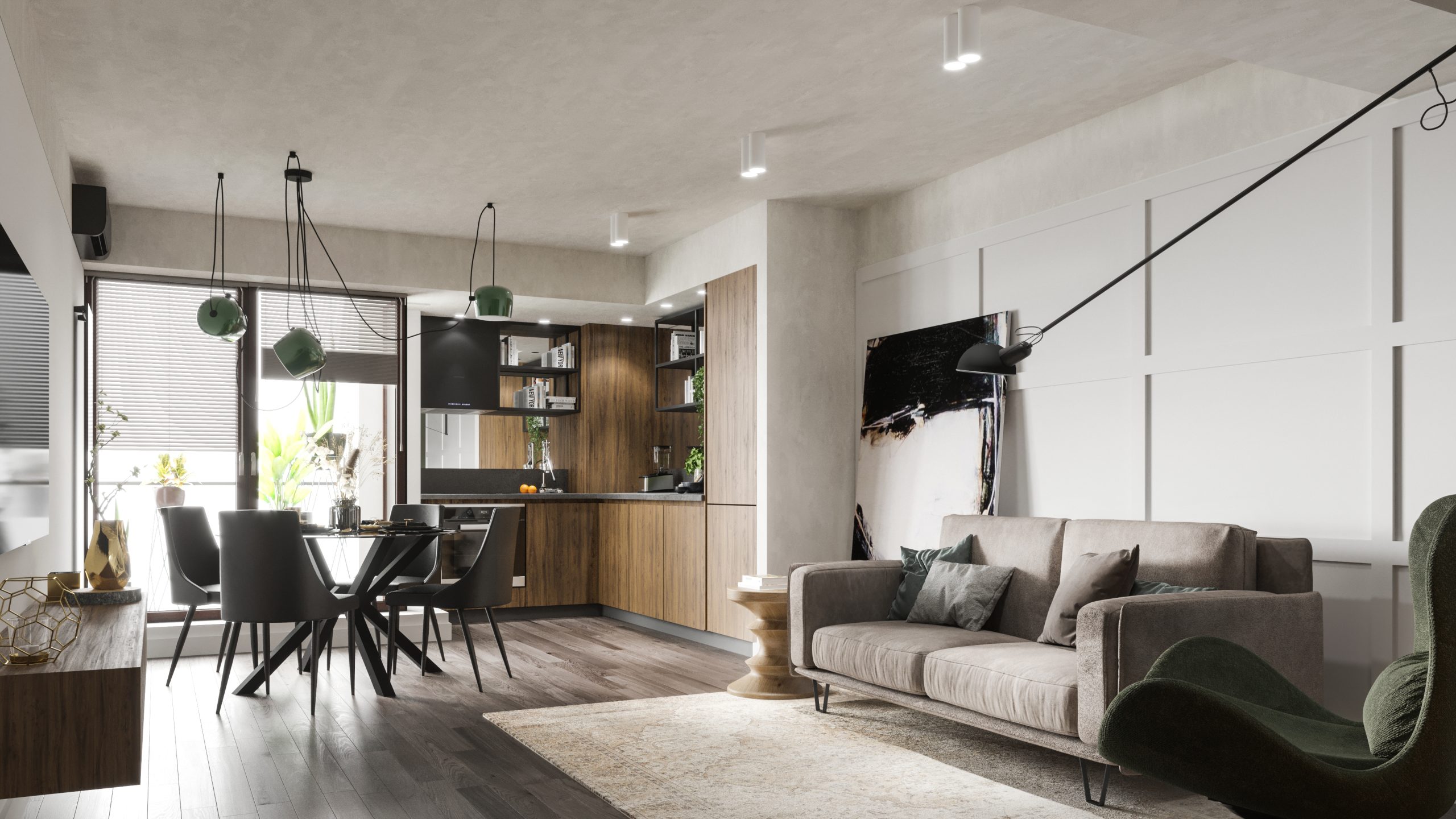 Randare 3d de interior modern cu un design in culori calde si pastelate localizat in Romania Bucuresti Aviatorilor randari3d