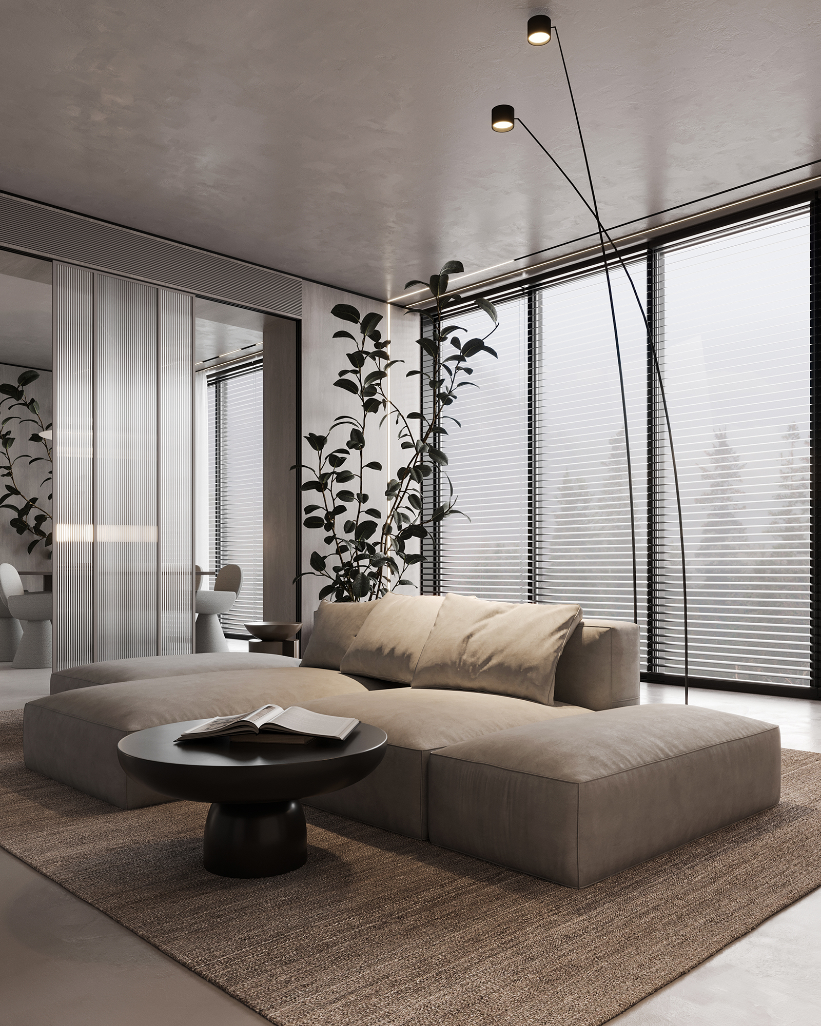 you'll find soft textures and comfy materials on the chairs, and a cozy rug in the living room that practically begs you to relax.