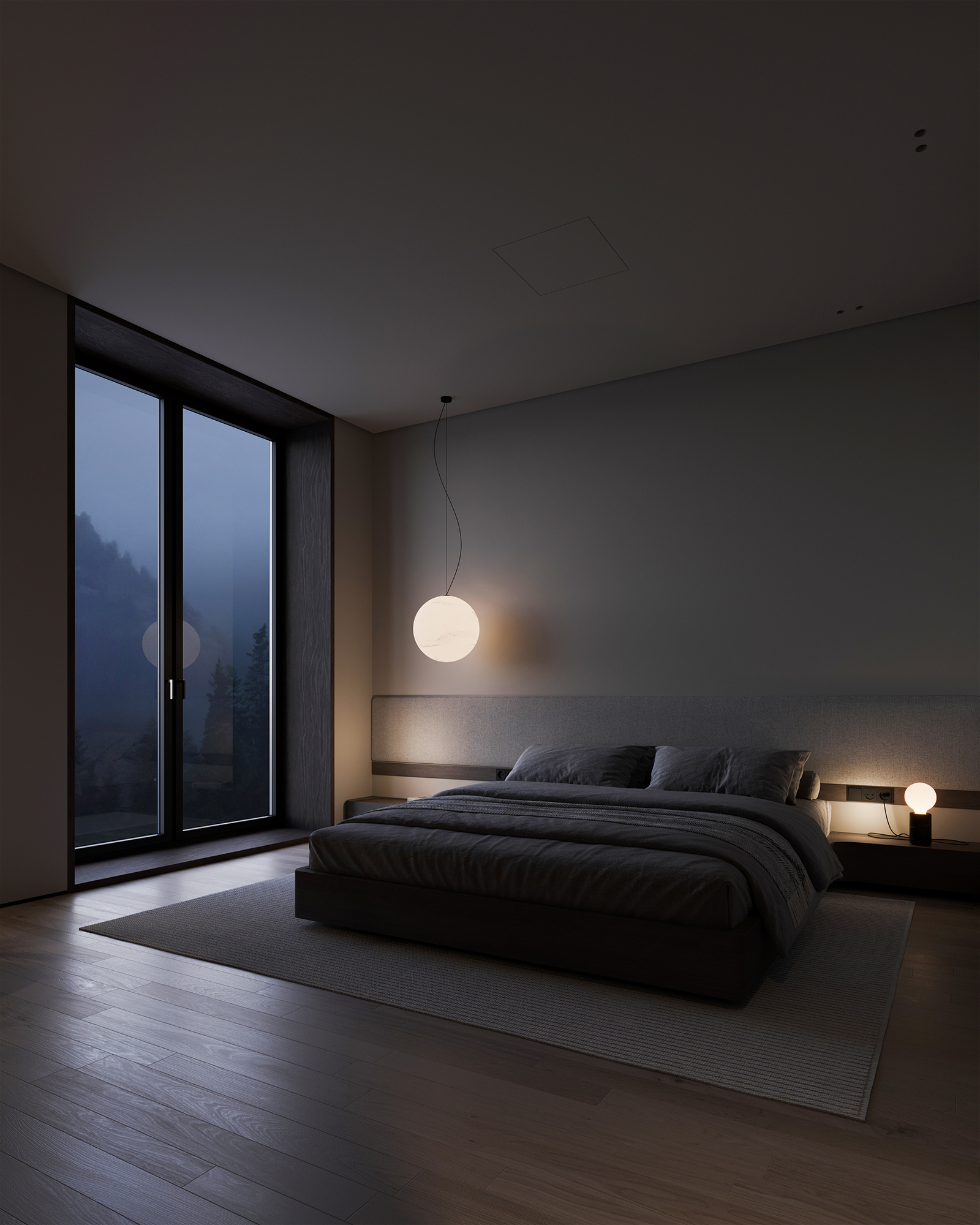 3d night rendering bedroom minimalist