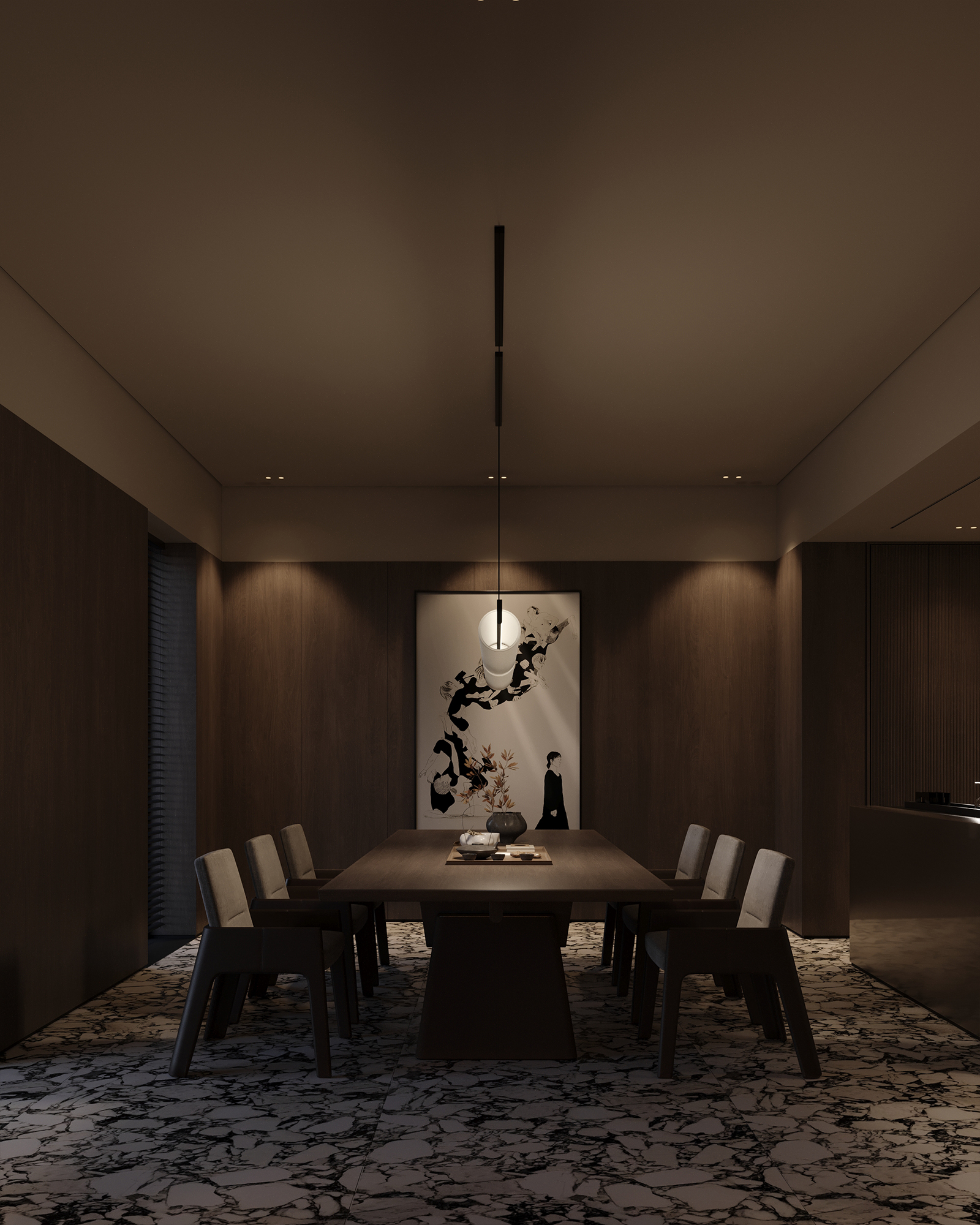 Modern dining area at night, featuring warm lighting and an elegant design.