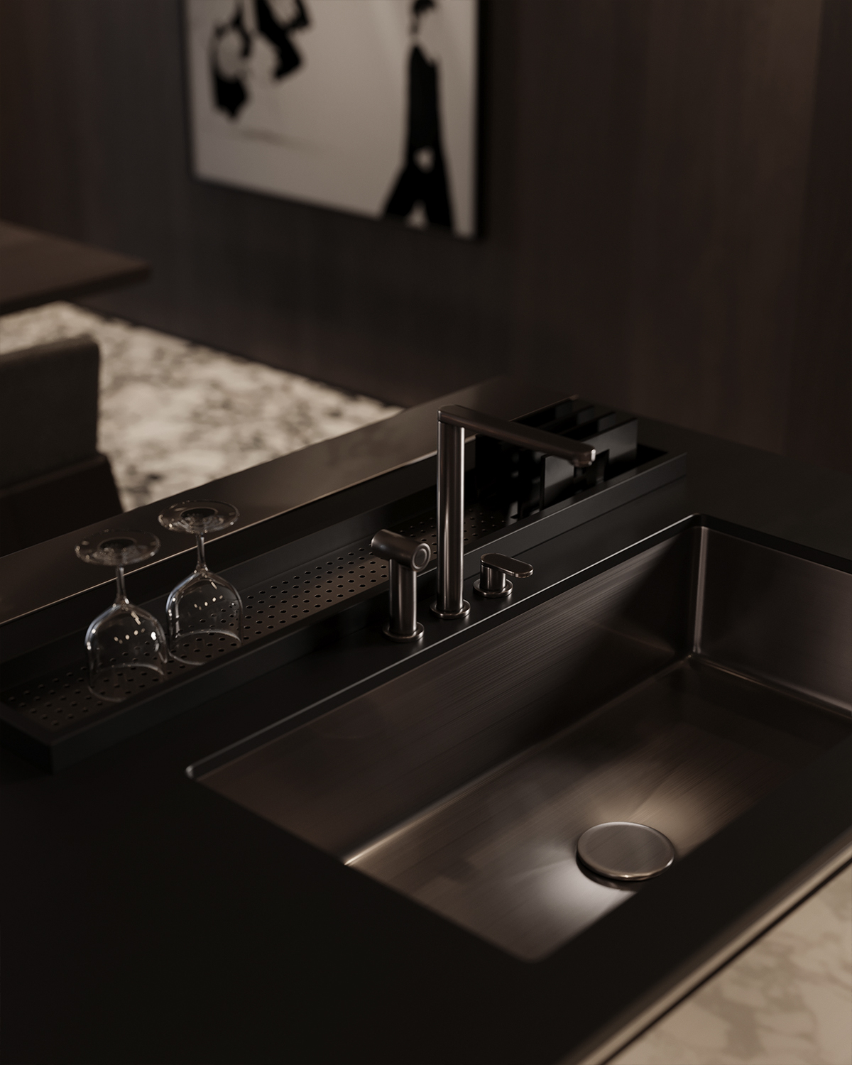 3D animation services Bucătărie modernă cu zonă de insulă, accente elegante și materiale premium.