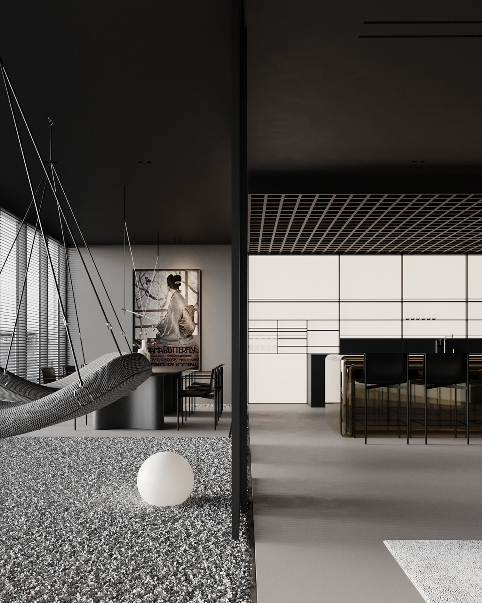 3D render of a modern living room with elegant furniture, neutral tones, and refined accents.