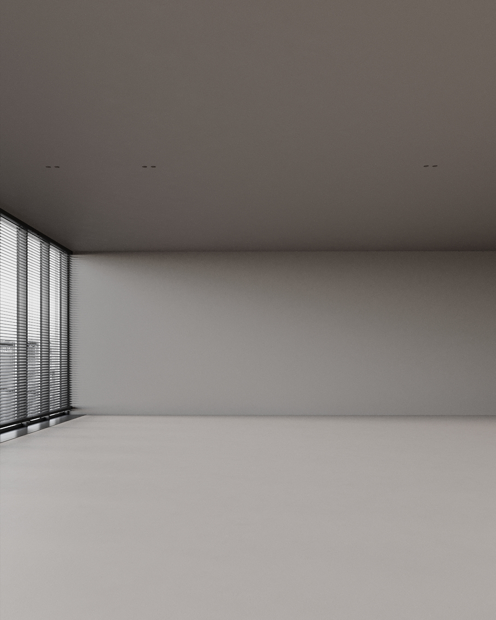 3D render of a modern bedroom in soft white tones, featuring minimalist furniture and natural textures.