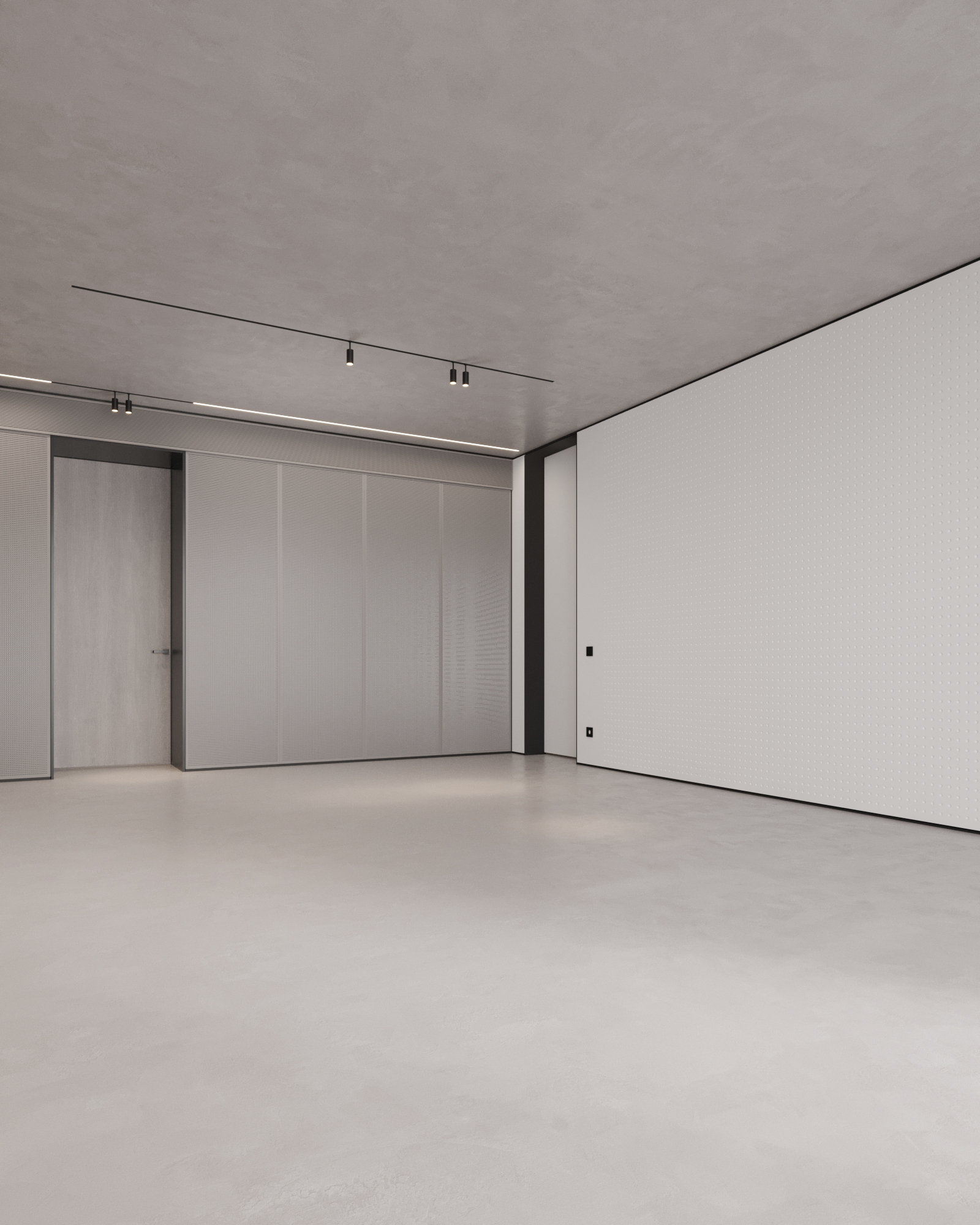 3D render of a modern bedroom in soft white tones, featuring minimalist furniture and natural textures.