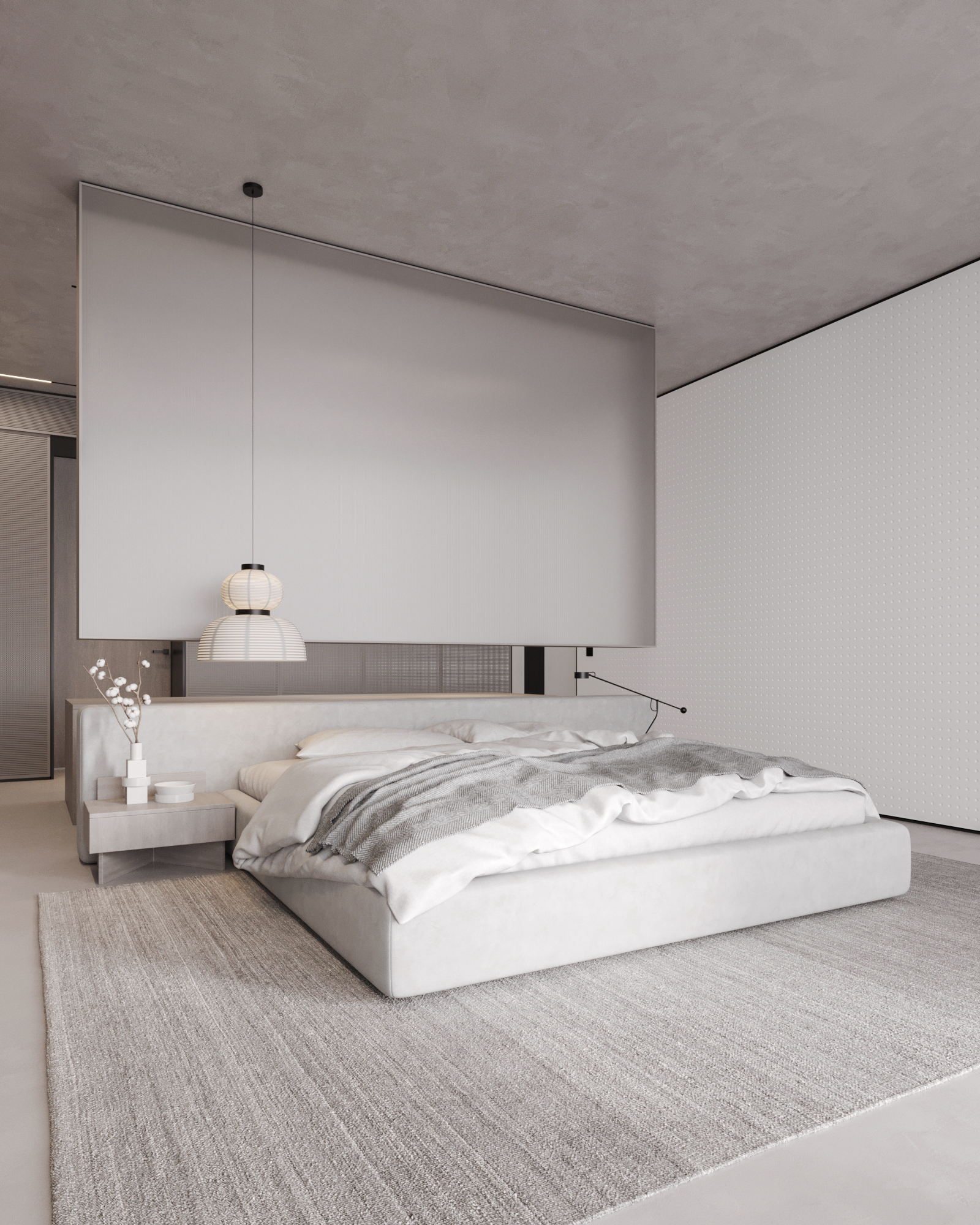 Dormitor modern cu design minimalist, paletă de culori neutre și accente calde de lemn.